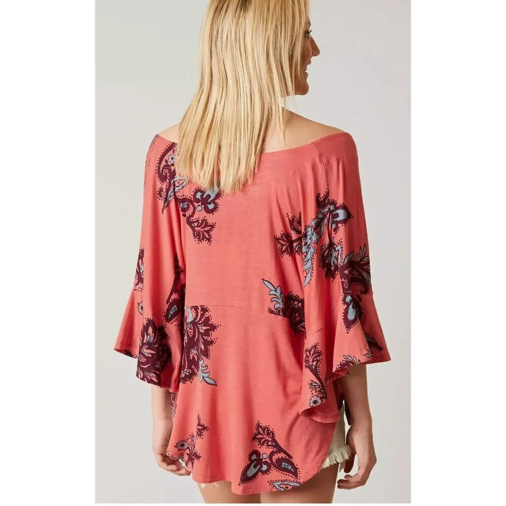 Free People Maui Wowie Paisley Flowy Blouse Size M/oversize Pink Top Casual